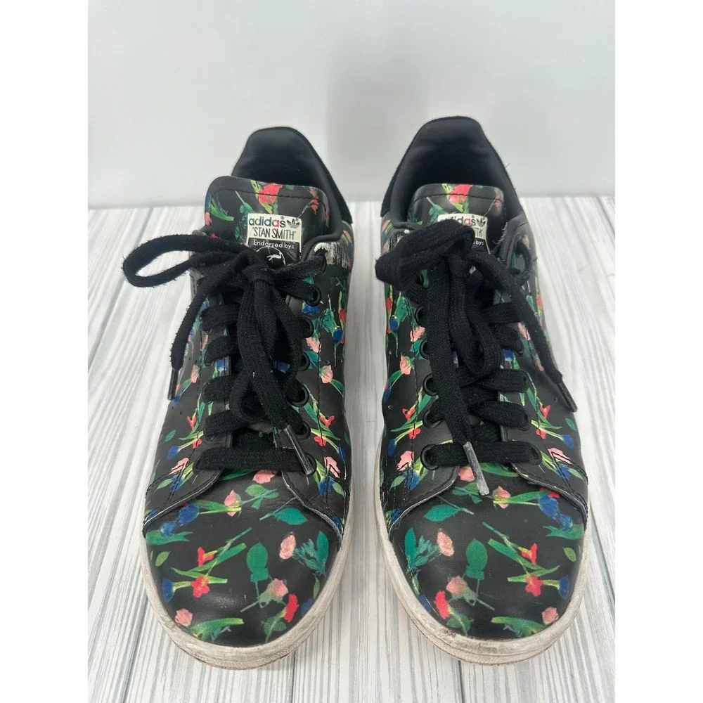 Adidas Original Stan Smith Shoes Women's 7.5 Black Floral‎ Print Sneakers EE4893